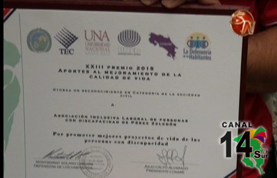 La Asociación Inclusiva Laboral de personas con discapacidad en Pérez Zeledón recibe reconocimiento