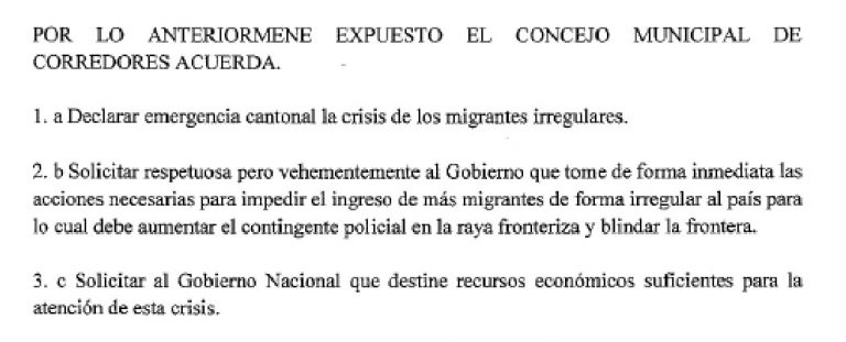 Concejo Municipal de Corredores espera soluciones ante crisis migratoria