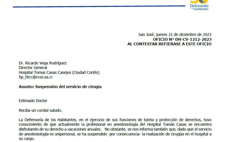 Defensoría pide alternativas tras vacaciones de anestesióloga que tiene paralizas cirugías en Hospital de Osa