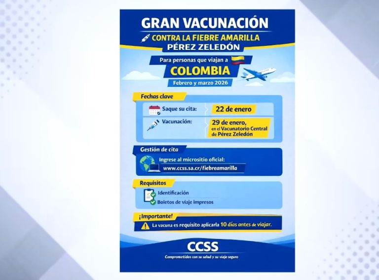 Personas con viajes a Colombia en febrero y marzo se podrán vacunar contra la fiebre amarilla el 29 de enero 
